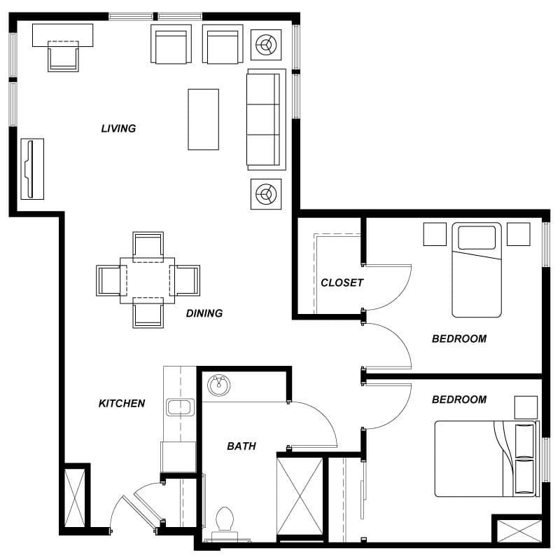 A floor plan of a two-bedroom apartment featuring a living room, kitchen, dining area, and bathroom.