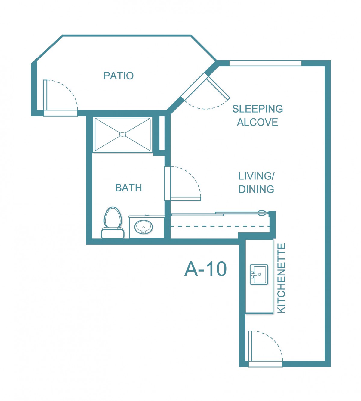 Studio apartment floor plan with sleeping alcove, kitchenette, living/dining area, and patio.