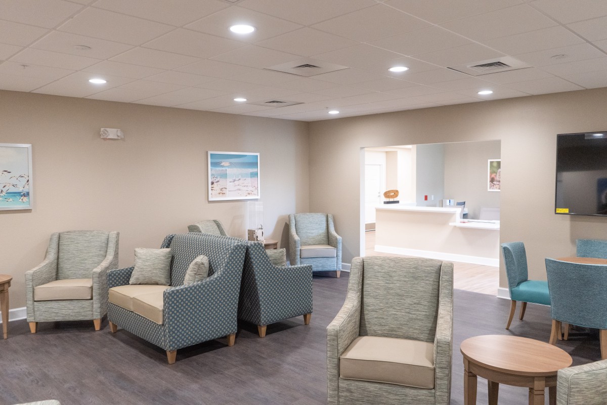 A modern, comfortable waiting room with stylish seating arrangements.