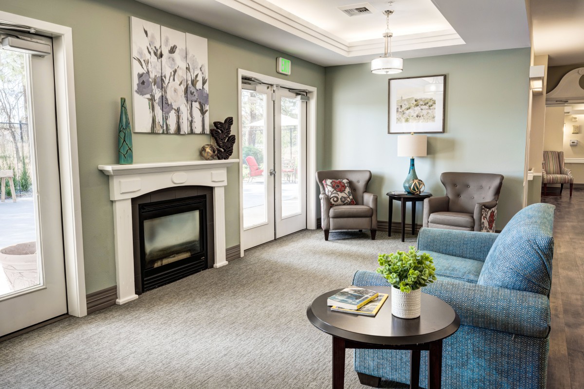 A cozy living room with a fireplace, modern furniture, and decorative artwork.