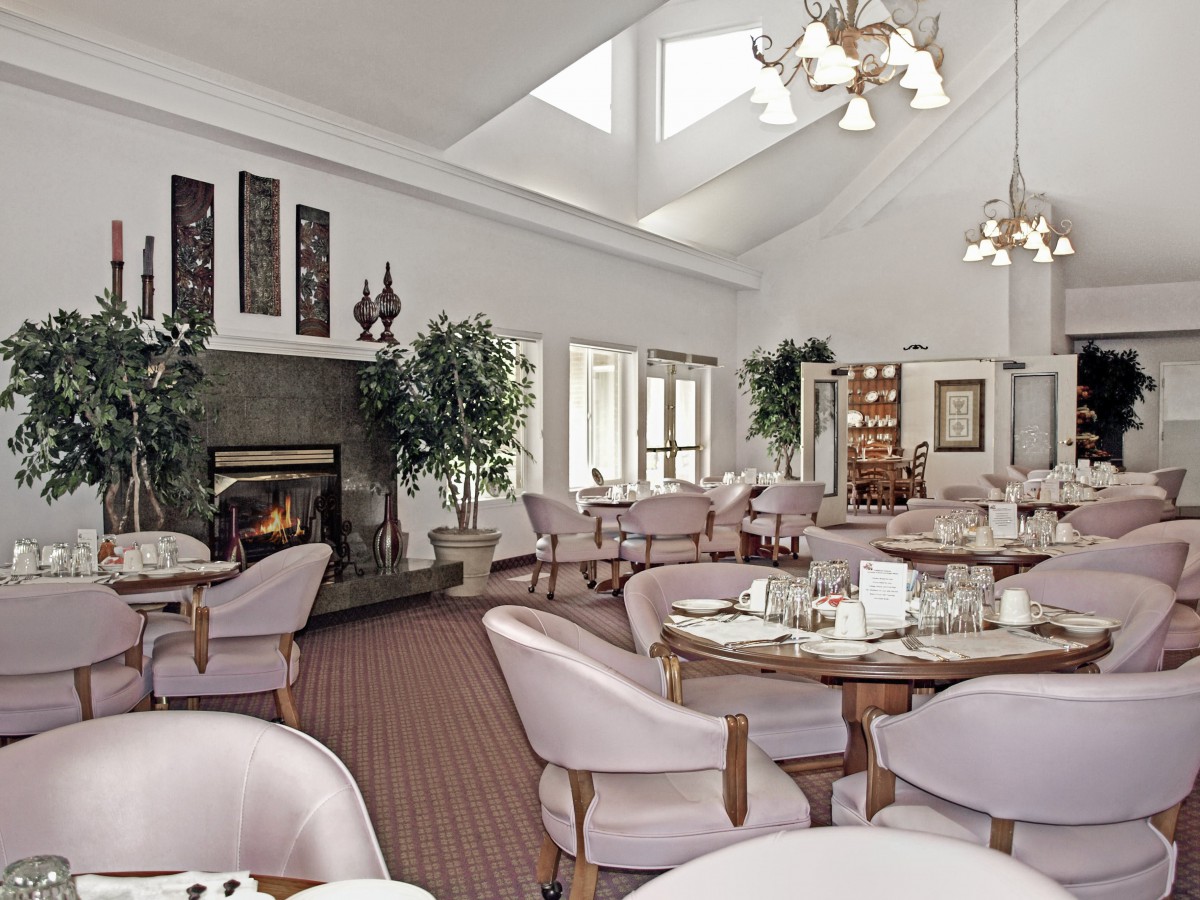 An elegant dining room with skylights, featuring neatly arranged tables and chairs, decorated with plants and a cozy fireplace.