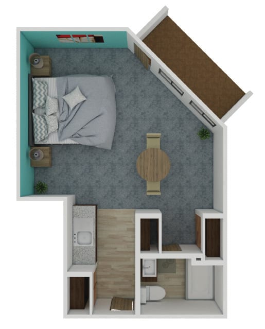 A top-down view of a cozy bedroom apartment floor plan with furniture arrangement.