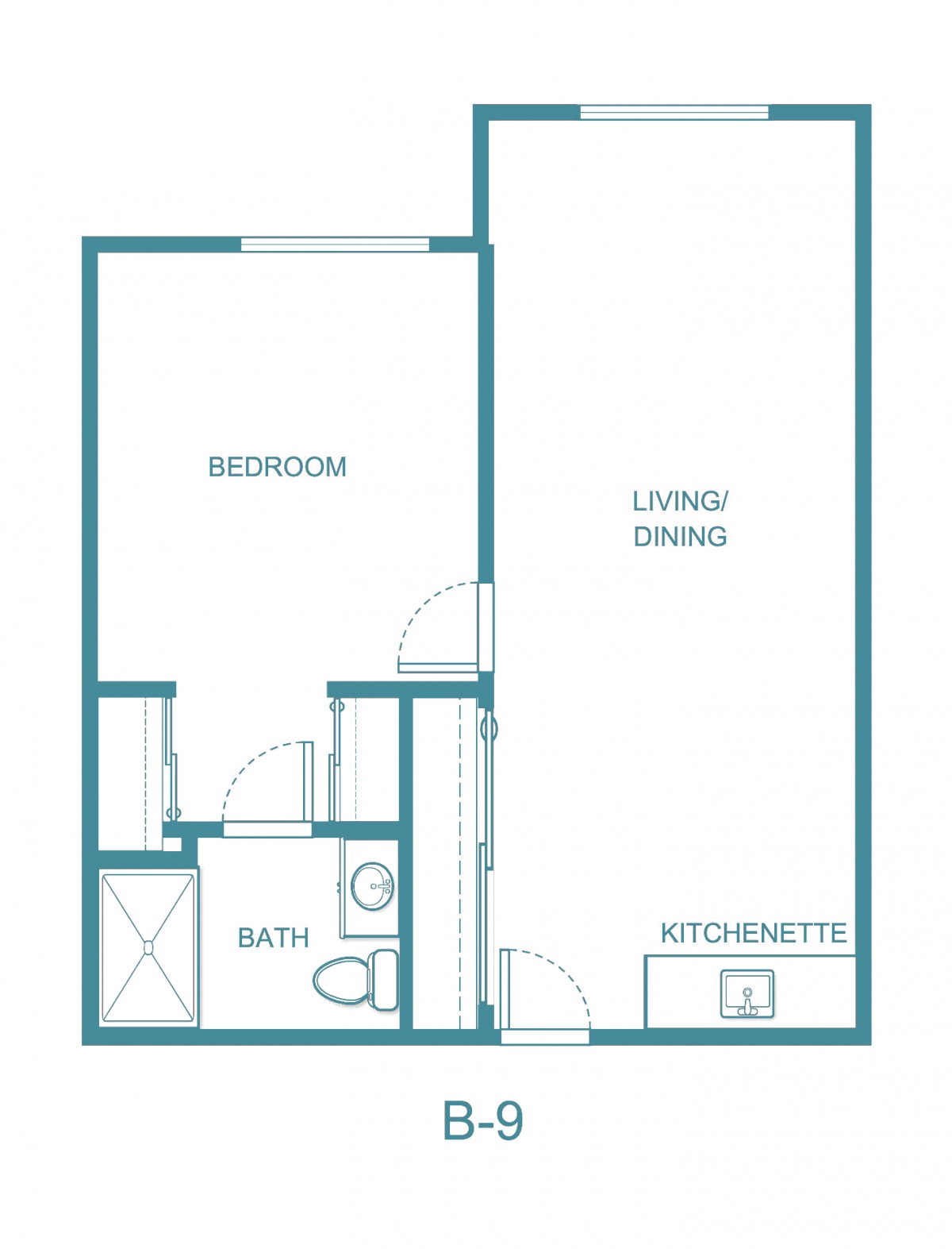 A simple one-bedroom apartment floor plan with a living/dining area, bathroom, and kitchenette.
