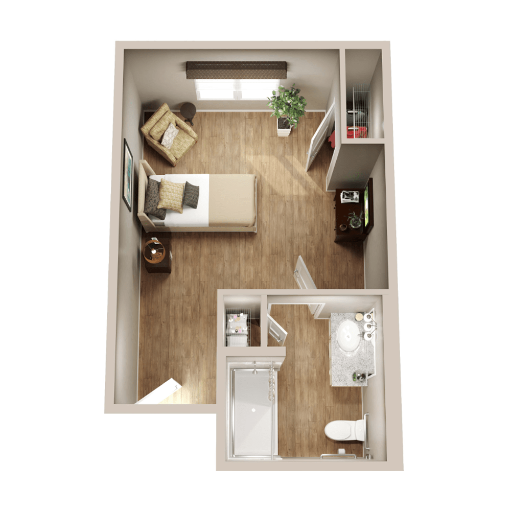 A minimalist floor plan of a small 1-bedroom apartment with a bathroom and basic furniture arrangement.