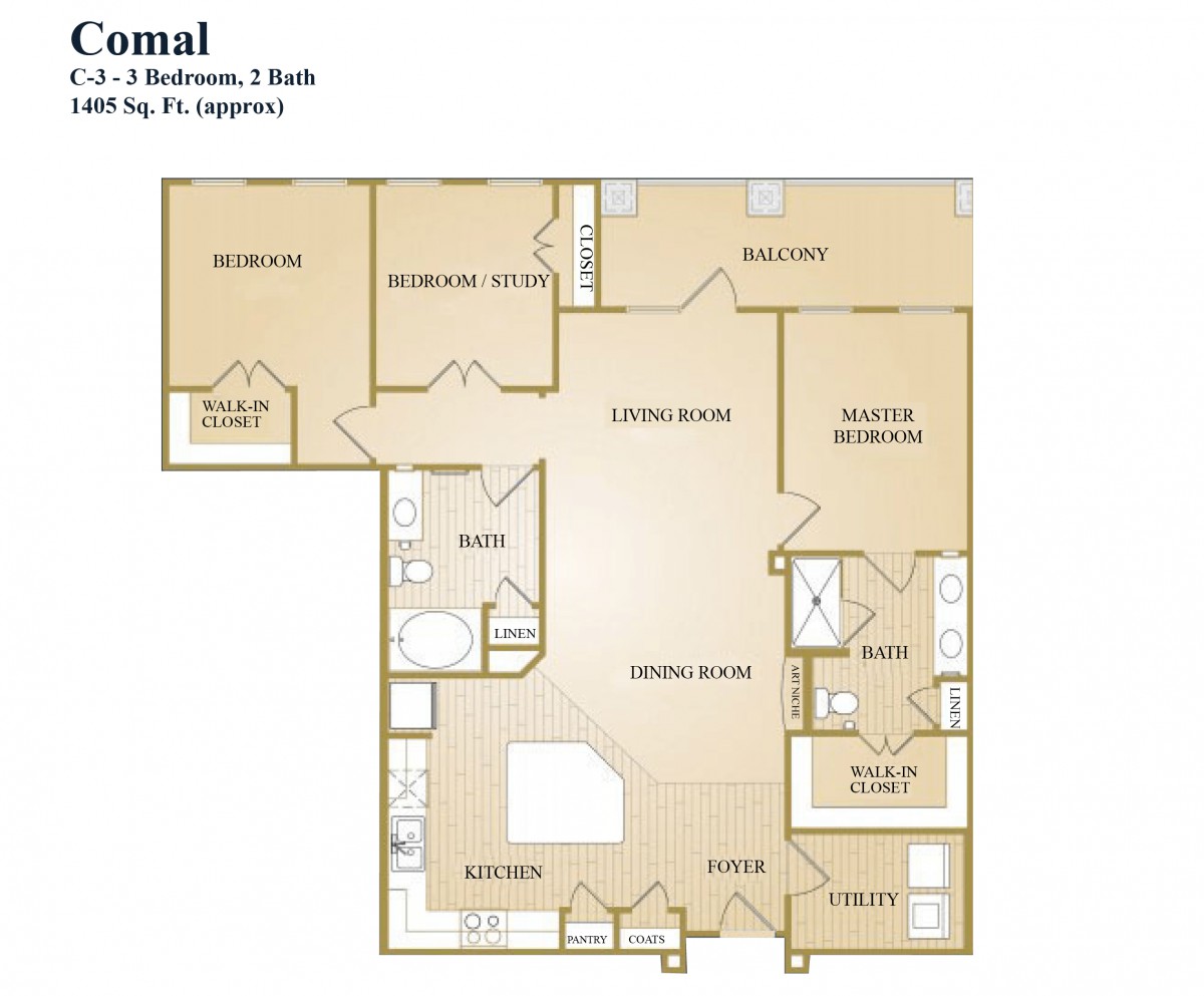 A detailed floor plan of a two-bedroom, one-bath apartment layout.
