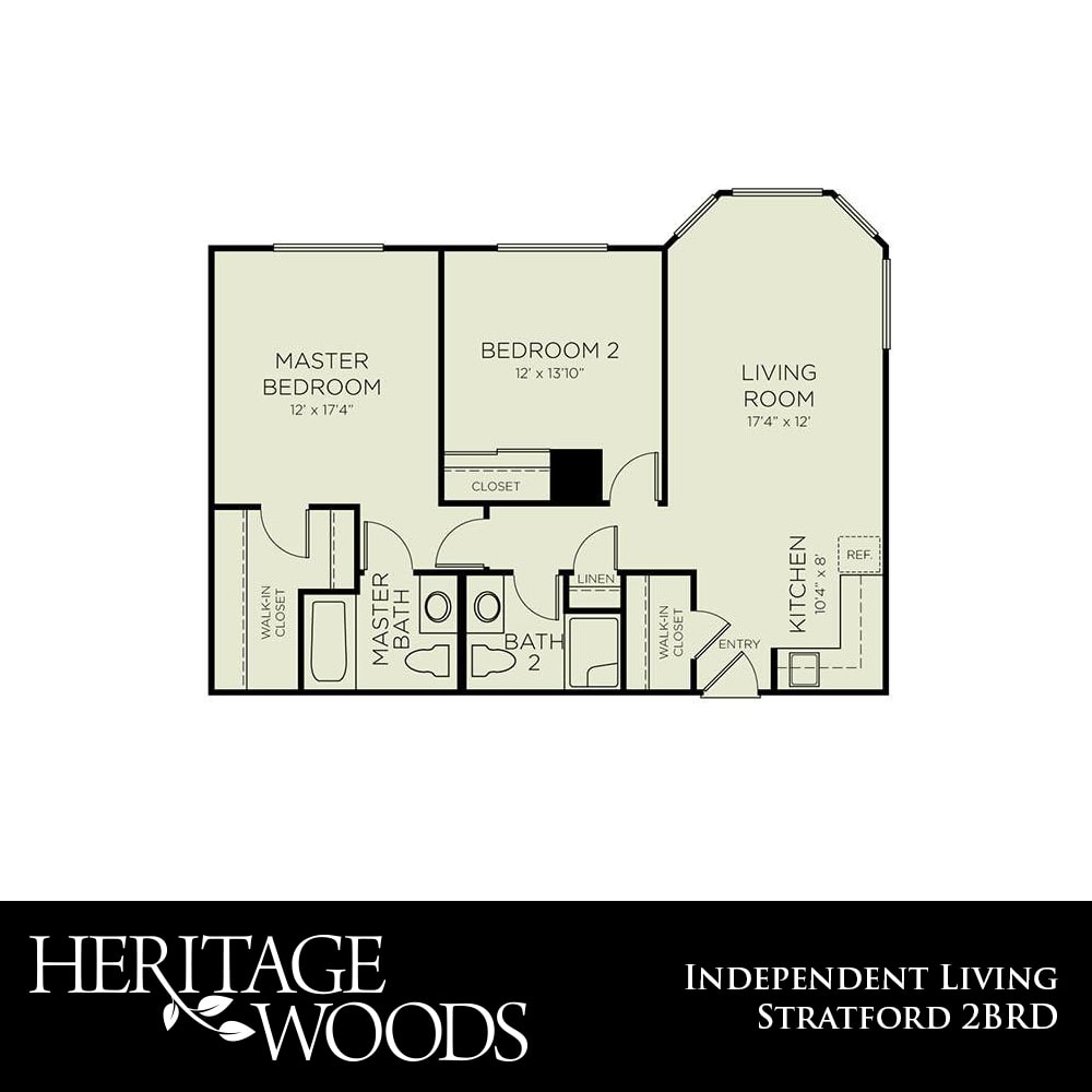 Floor plan of an independent living apartment, featuring a master bedroom, kitchen, and living room.
