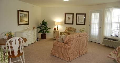 A cozy living room featuring a sofa, armchair, lamp, indoor plant, and wall art.