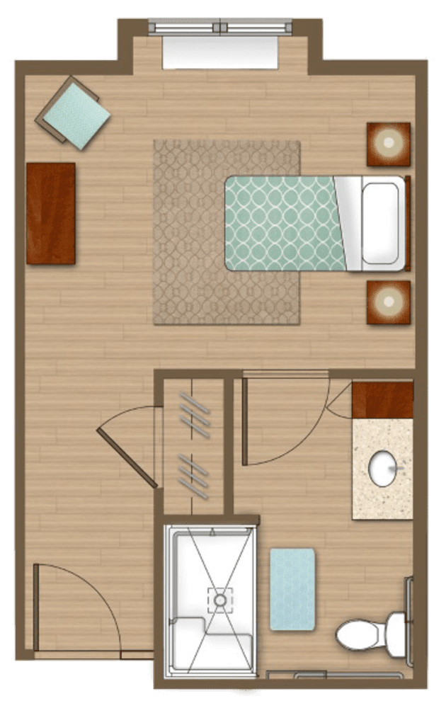 A simple floor plan depicting a bedroom and bathroom layout with furniture and fixtures.