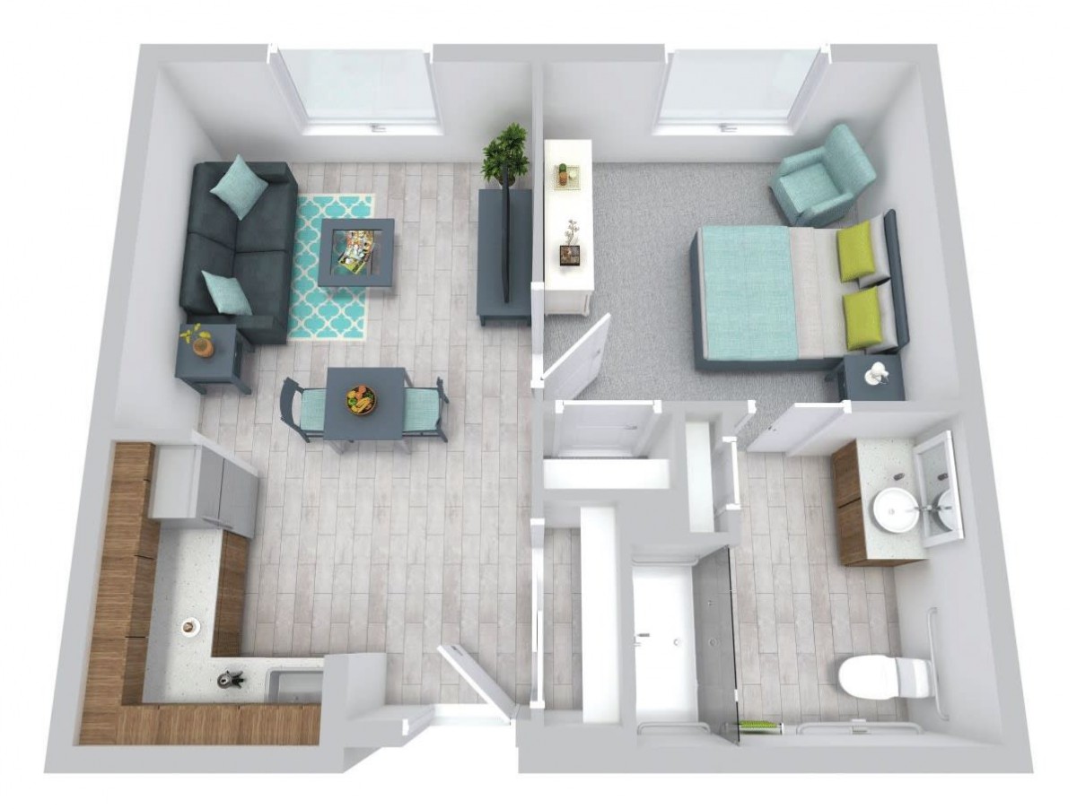 A top-down view of a modern apartment floor plan featuring a living room, bedroom, kitchen, and bathroom.