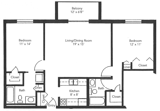 Two-bedroom apartment floor plan with a living/dining room, kitchen, and balcony.