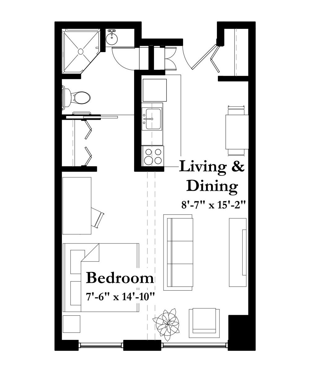 A floor plan of a one-bedroom apartment featuring a living and dining area, kitchen, bathroom, and bedroom.