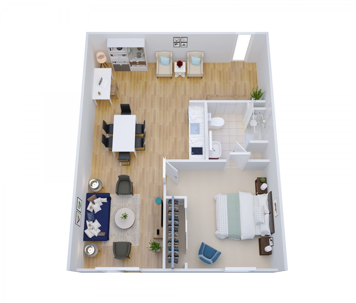 3D floor plan showcasing a modern apartment layout with an open concept living and dining area, separate bedroom, and kitchen.