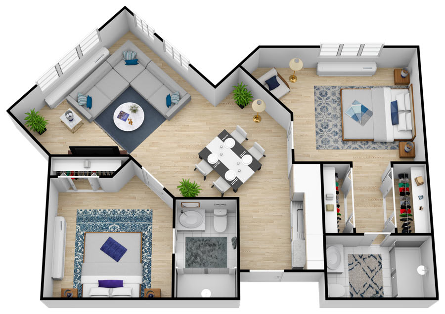 A 3D rendered floor plan of an apartment featuring a living room, dining area, bedroom, and bathroom.