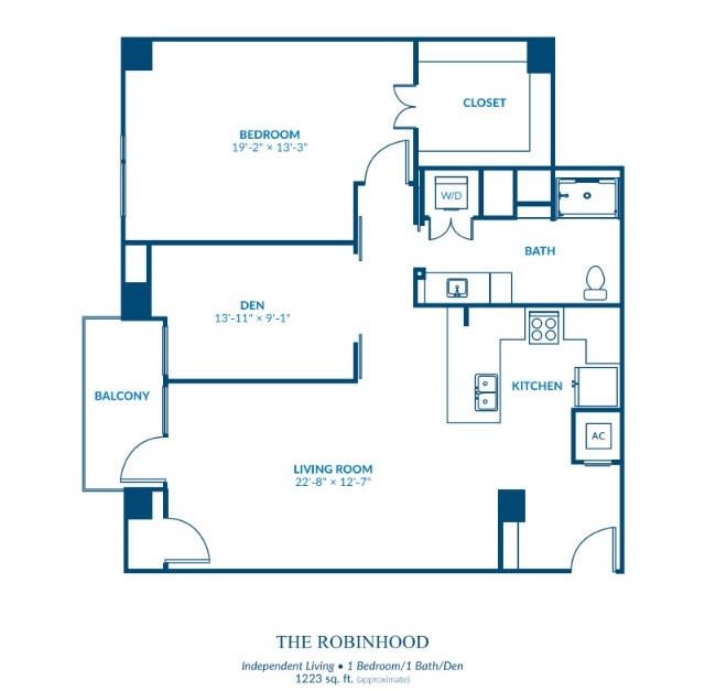 Floor plan of a two-bedroom apartment layout with kitchen, bathroom, and living room.