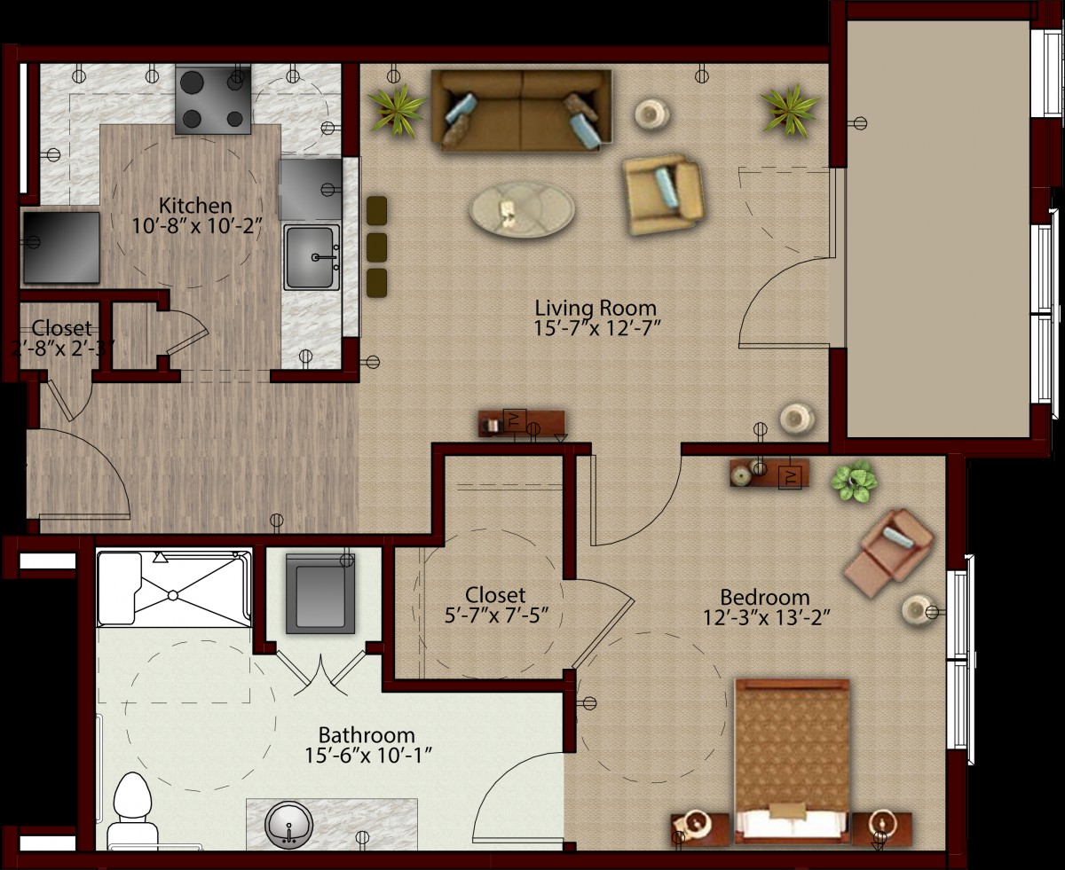 A detailed floor plan of an apartment featuring a kitchen, living room, bedroom, bathroom, and closet.