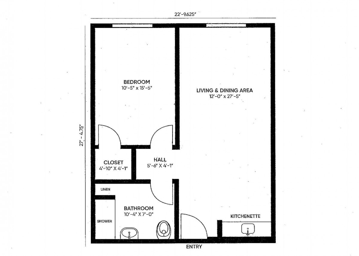A floor plan depicting a one-bedroom apartment layout with living and dining areas.