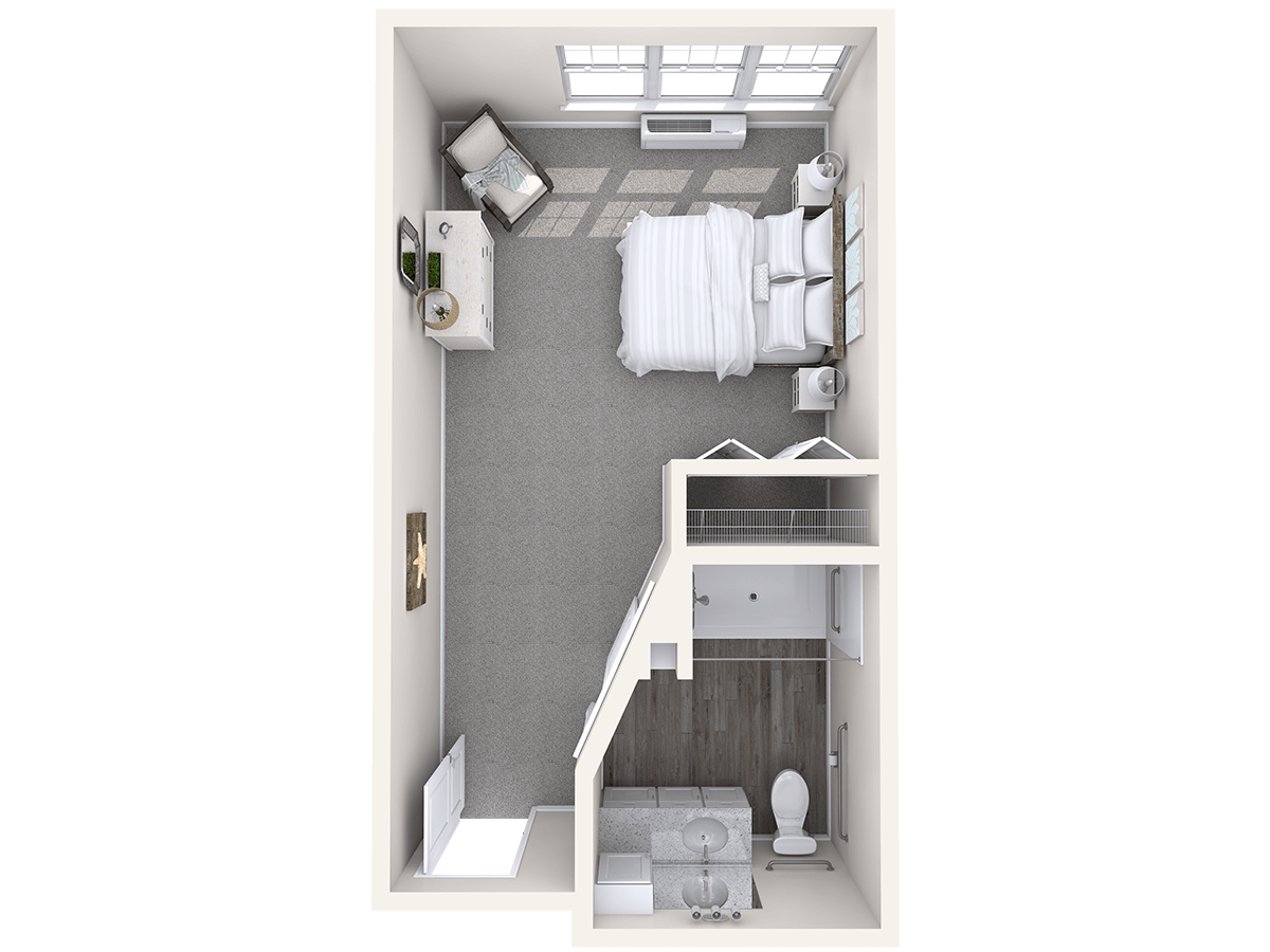 A compact bedroom floor plan featuring a bed, desk, and a bathroom with modern furnishings.