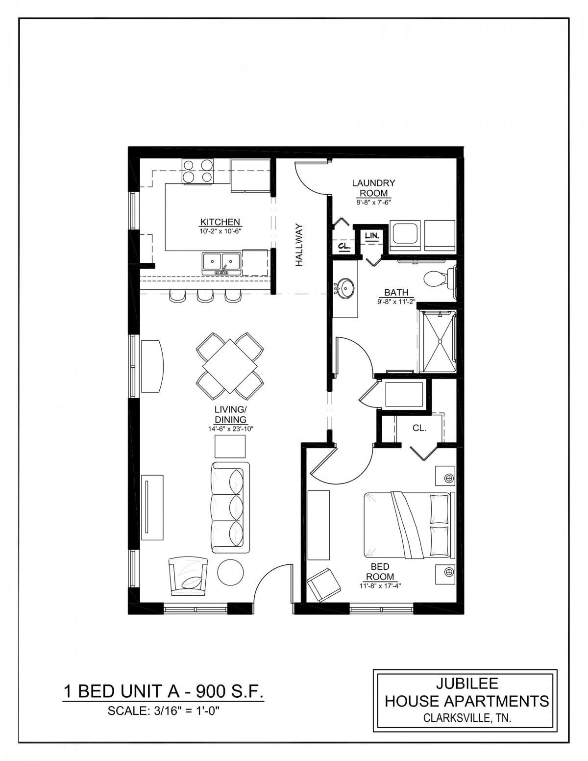 A floor plan of a one-bedroom apartment featuring a kitchen, bathroom, living room, and dining area.