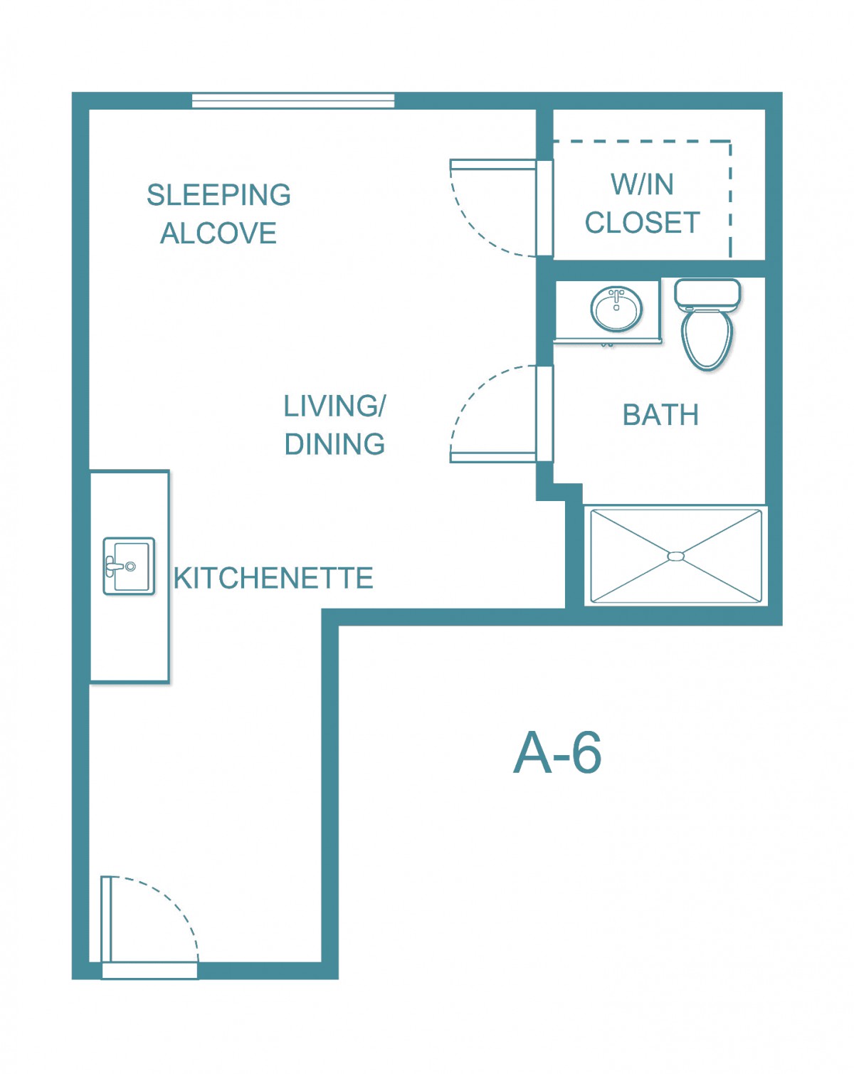 Studio apartment floor plan with a sleeping alcove, kitchenette, living/dining area, bathroom, and walk-in closet.