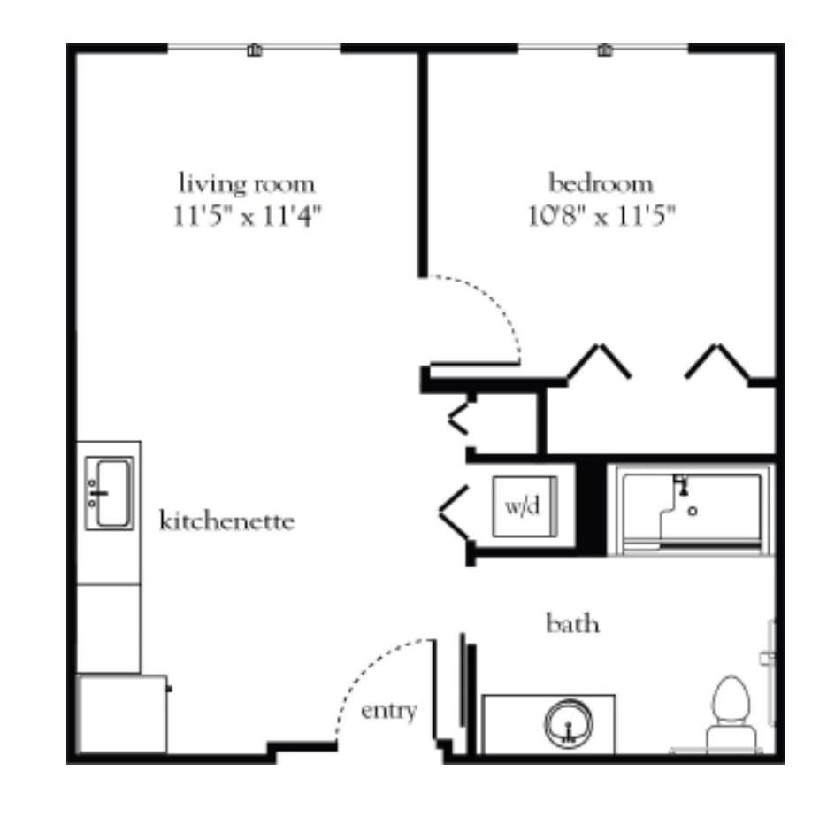 A floor plan of a one-bedroom apartment with a living room, kitchenette, bathroom, and entryway.