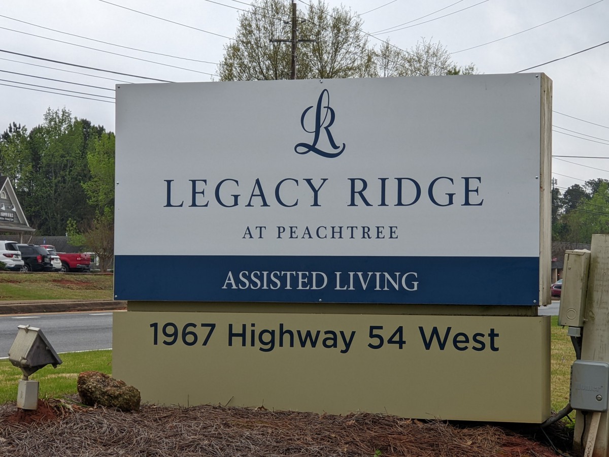 Sign for Legacy Ridge Assisted Living at Peachtree, located at 1967 Highway 54 West.