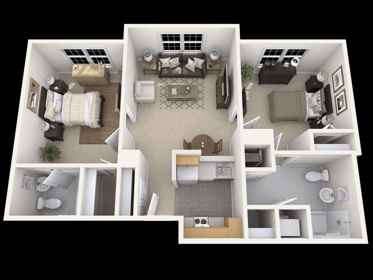 A detailed floor plan of a two-bedroom apartment with a living room, kitchen, and bathrooms.