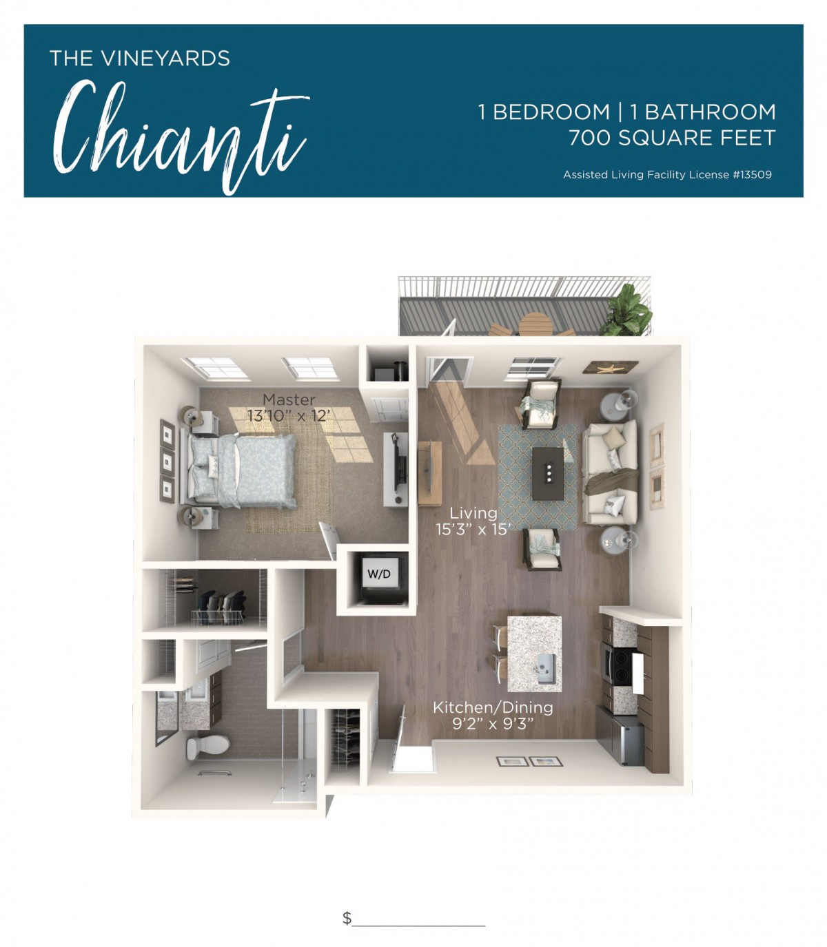 A 3D floor plan of the Chianti apartment featuring one bedroom and one bathroom with a total area of 760 square feet.