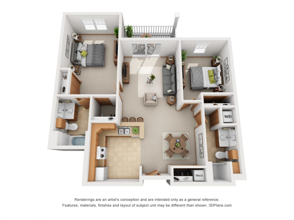 A 3D floor plan of a two-bedroom apartment with an open kitchen and living area.
