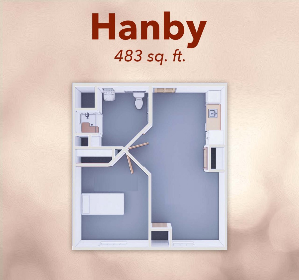 Floor plan for a 483 sq. ft. apartment named 'Hanby'.