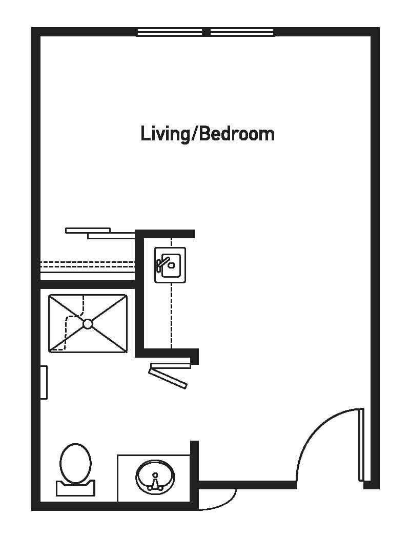 A floor plan of a studio apartment featuring a combined living and bedroom area with an adjacent bathroom.