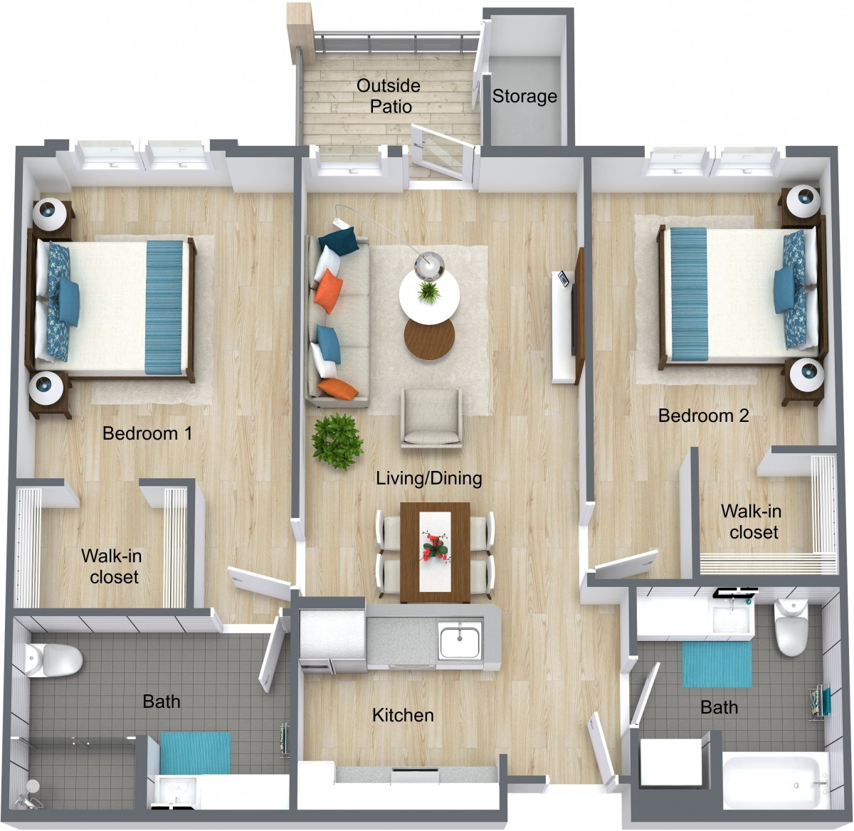 A floor plan of a two-bedroom apartment with a living room, kitchen, bathroom, and patio.