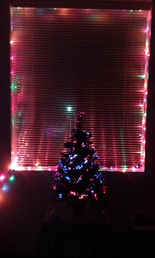 A beautifully decorated Christmas tree illuminated by colorful lights, set against a backdrop of festive window decorations.
