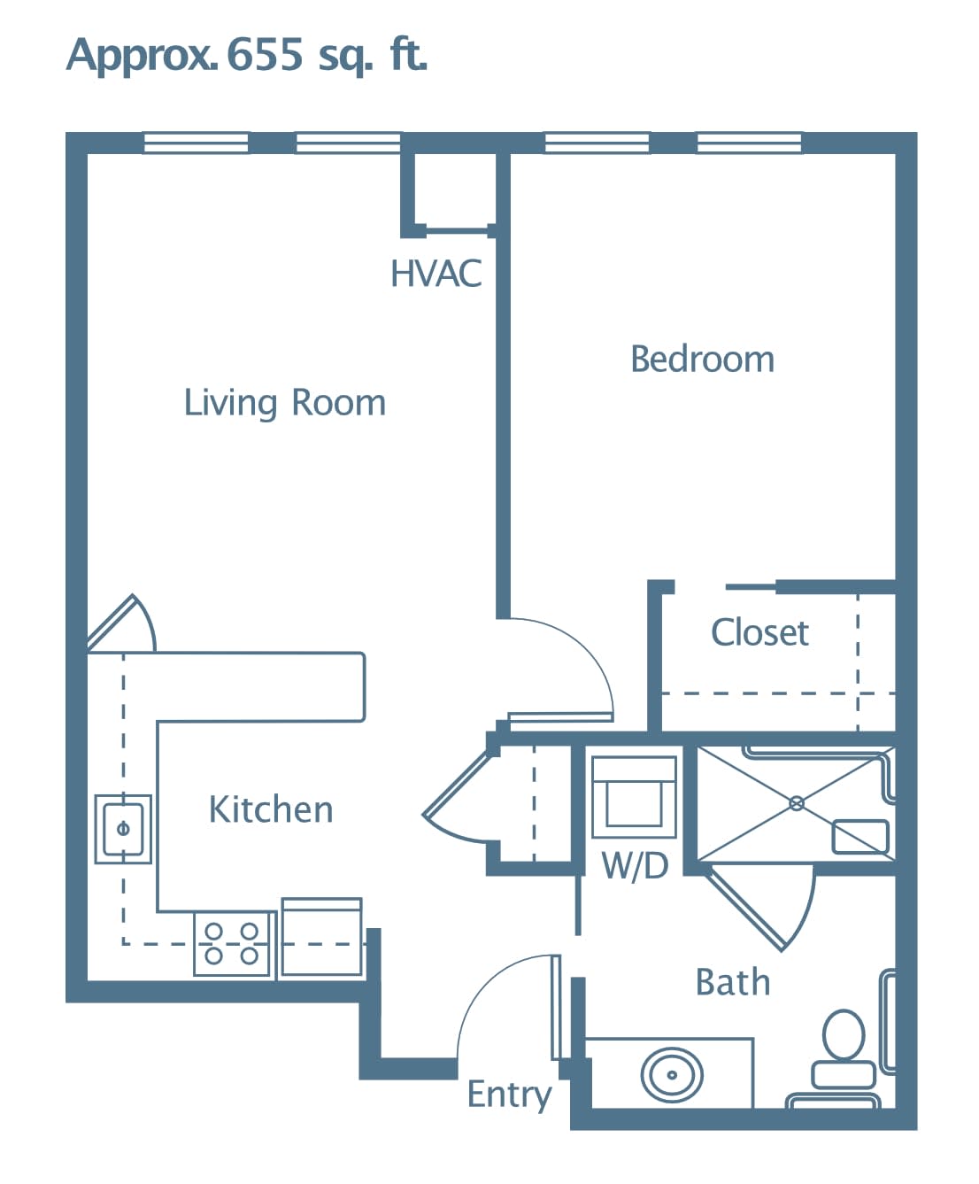 A one-bedroom apartment floor plan with a kitchen, living room, bathroom, and closet.