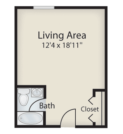 Studio apartment floor plan with a living area, bathroom, and closet.