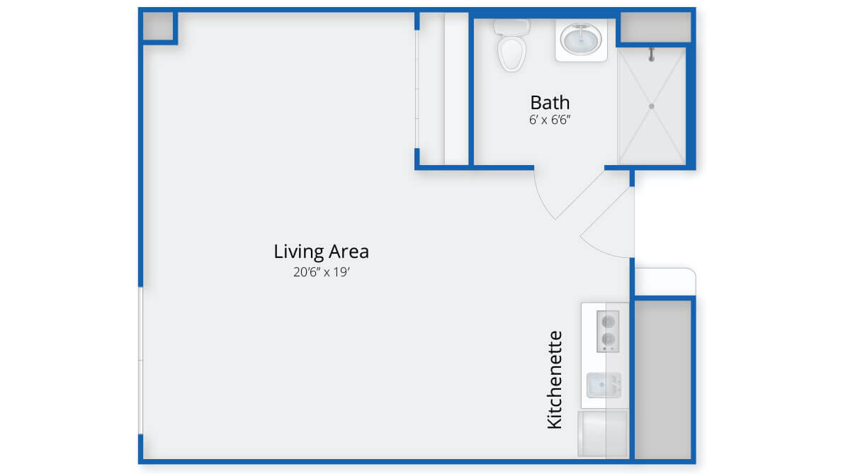 Studio apartment floor plan featuring a living area, kitchenette, and bathroom.