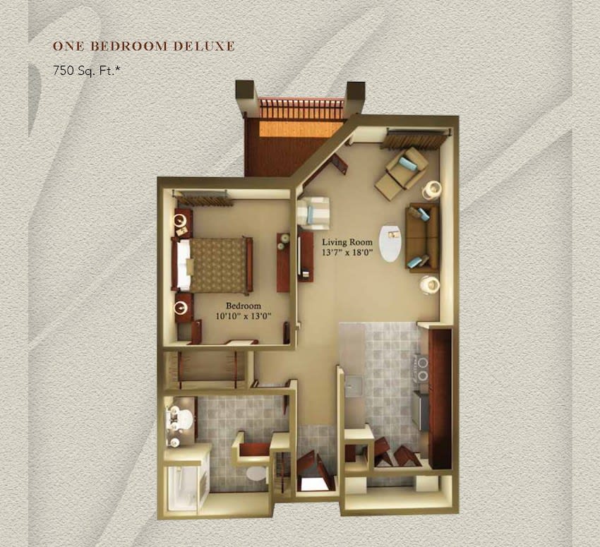One-bedroom apartment floor plan with a detailed layout.