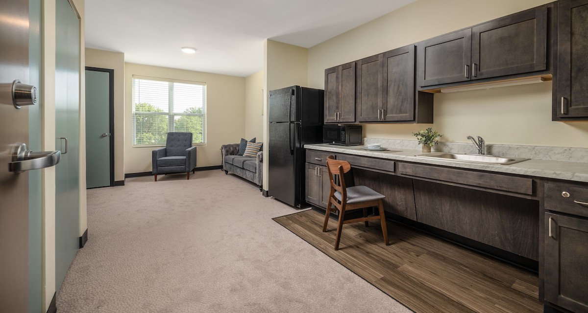 A modern apartment interior featuring a kitchen with wooden cabinets and a cozy living area.