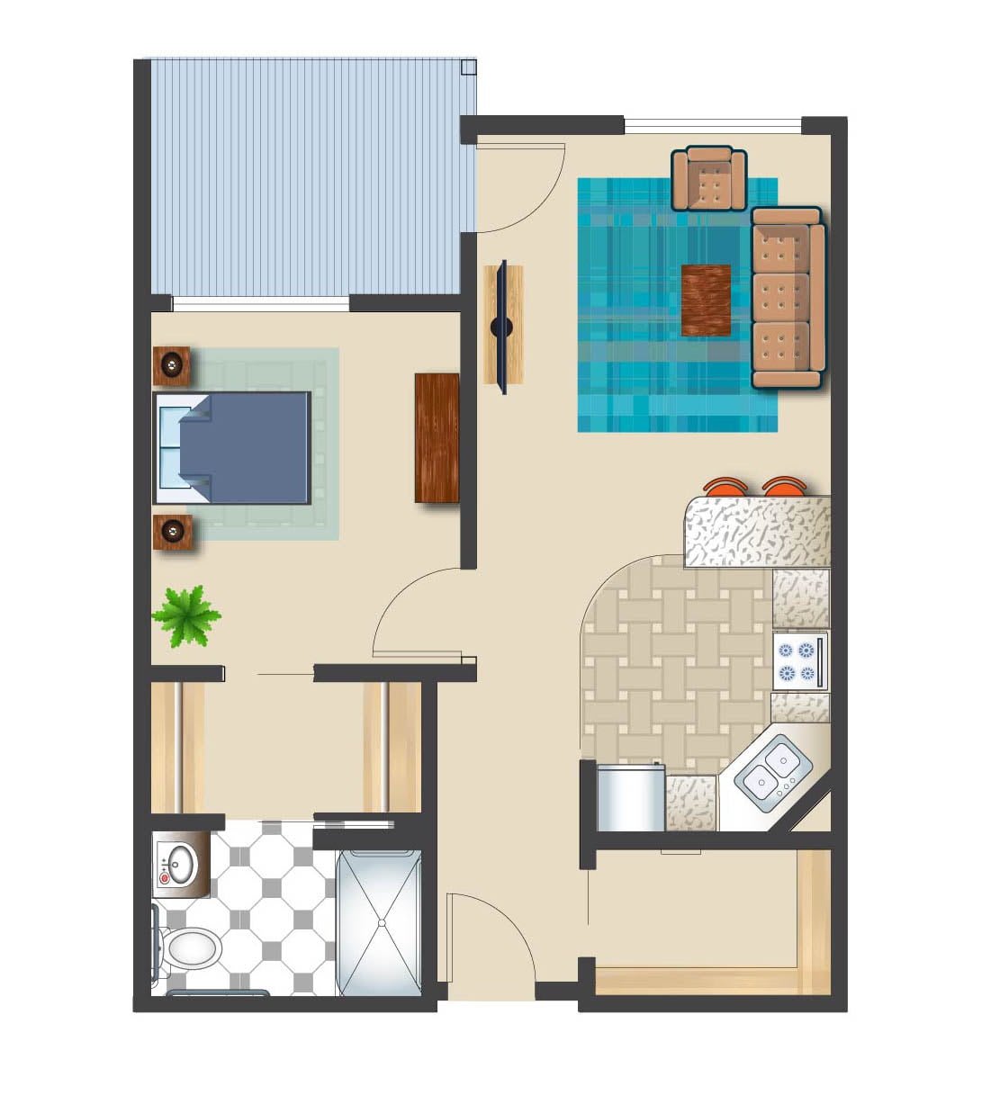 This image depicts the floor plan of a one-bedroom apartment with a living room, kitchen, and bathroom.