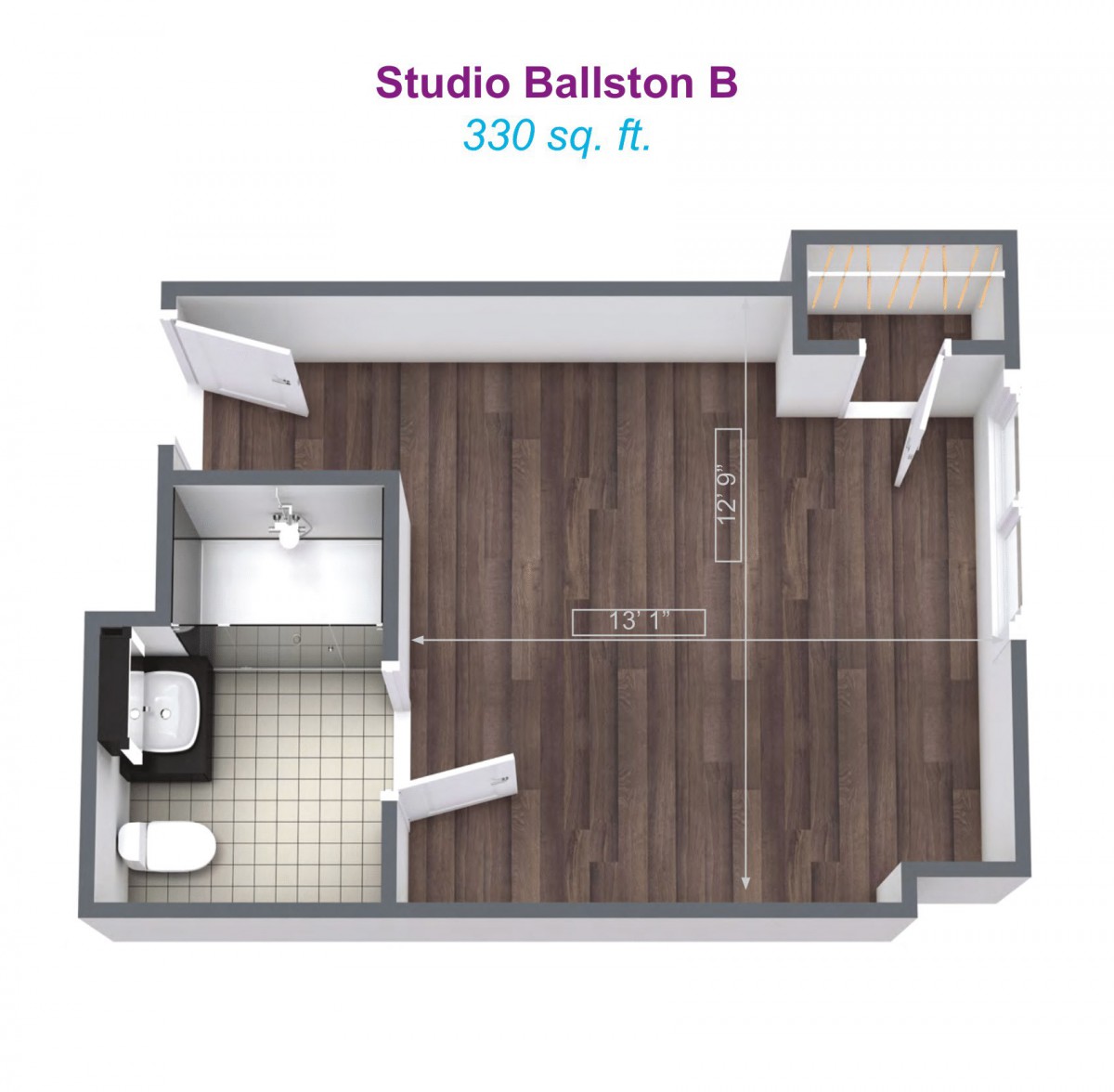 Floor plan of a Studio Ballston B, measuring 330 square feet.