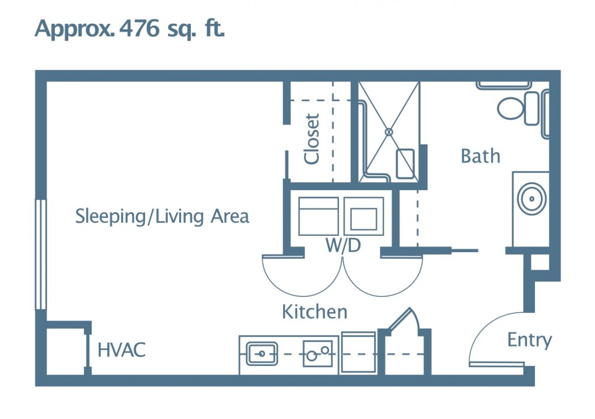 A floor plan of an approximately 476 square foot studio apartment, featuring a sleeping/living area, kitchen, bathroom, closet, and in-unit washer/dryer.