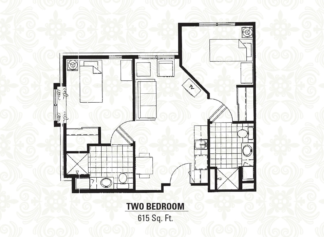 Layout of a two-bedroom apartment with a total area of 815 square feet.