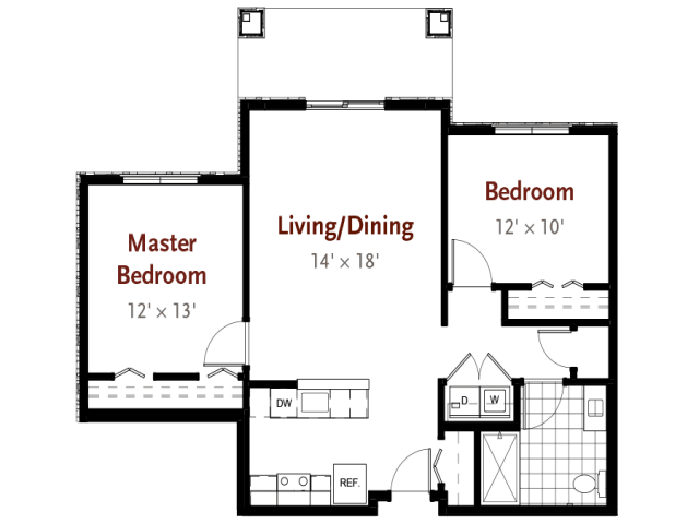 A floor plan of an apartment showing two bedrooms, a living/dining area, and kitchen.