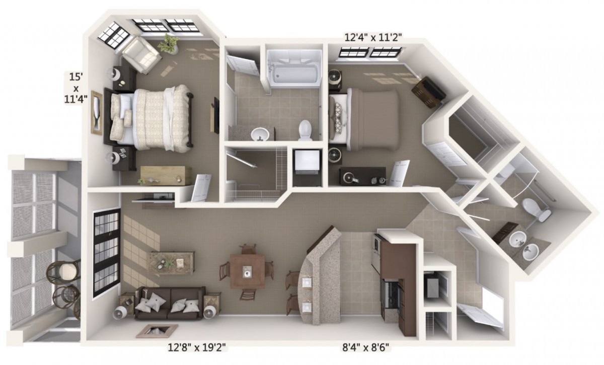 A detailed floor plan of an apartment featuring a bedroom, bathroom, kitchen, and living area.