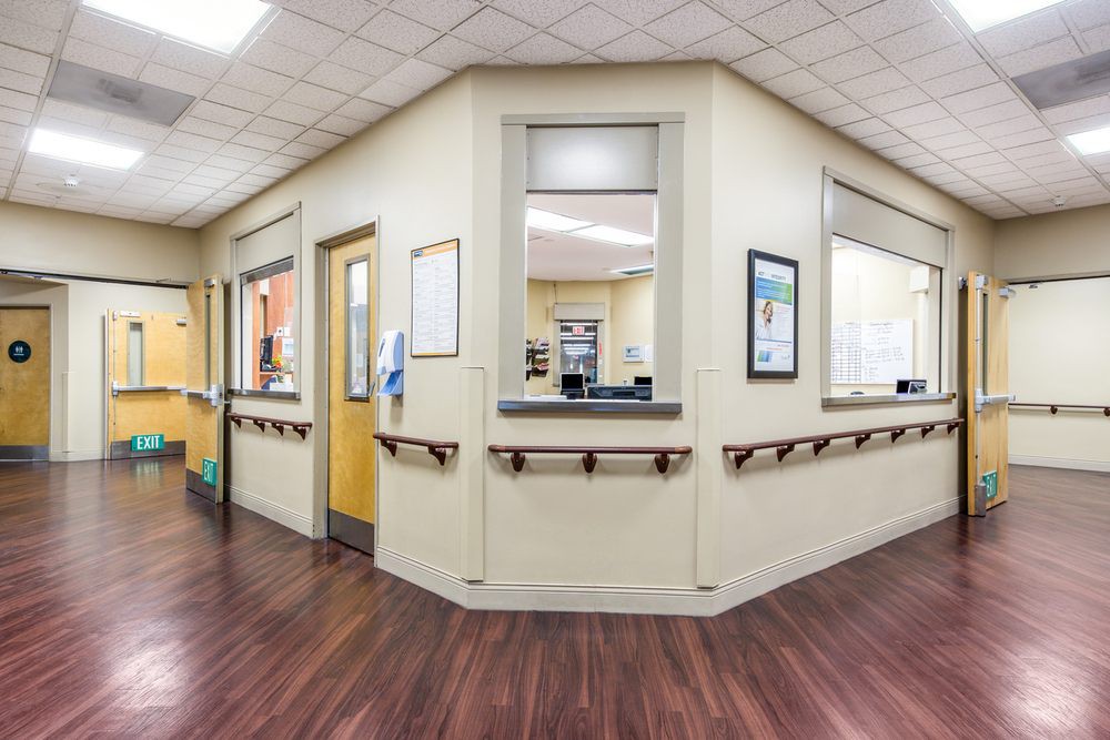 A modern hospital reception area with clean, well-lit interiors.