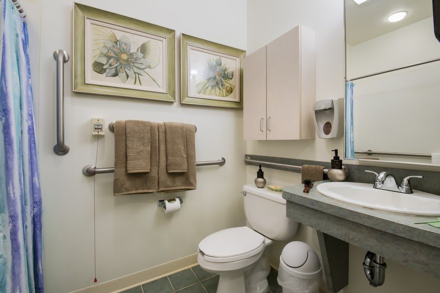 A tidy bathroom with framed artwork, featuring a toilet, sink, and towels.