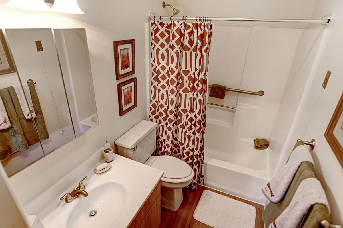 A cozy bathroom with a patterned shower curtain and wooden accents.