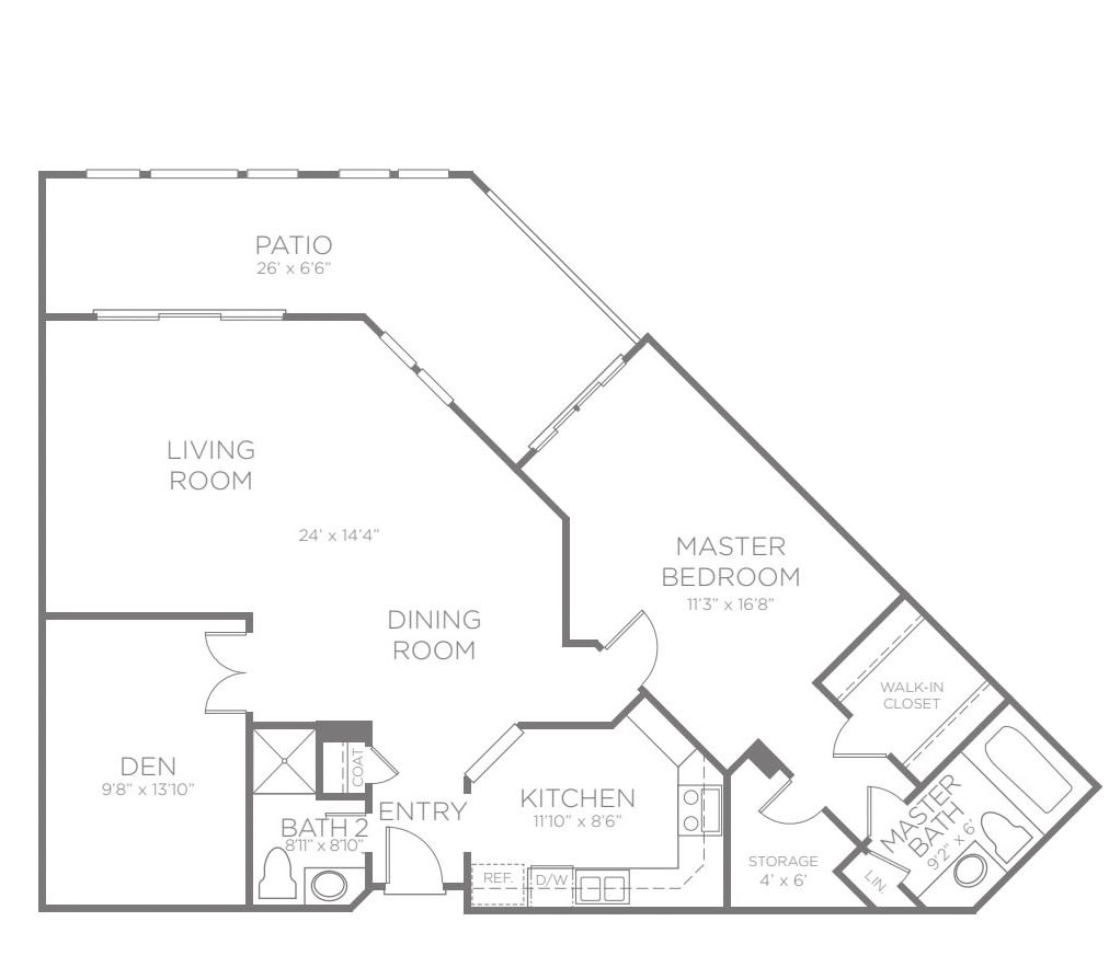 This image shows a detailed floor plan of an apartment, featuring a living room, dining room, kitchen, master bedroom, and bathroom.