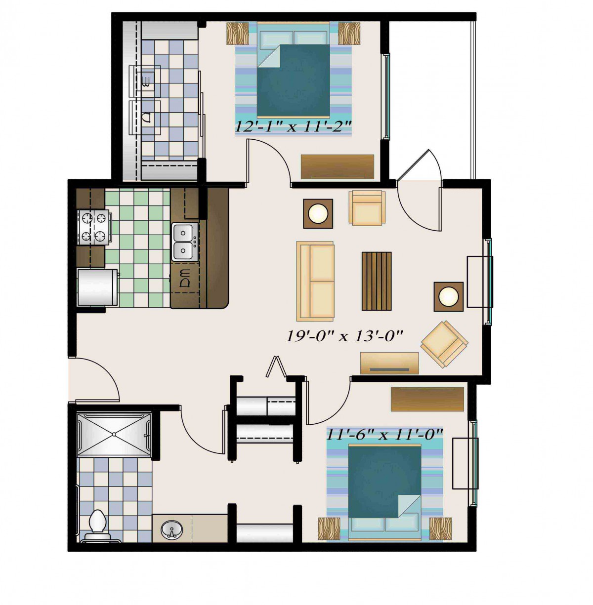 A floor plan featuring a two-bedroom apartment layout with a living room, kitchen, and bathrooms.