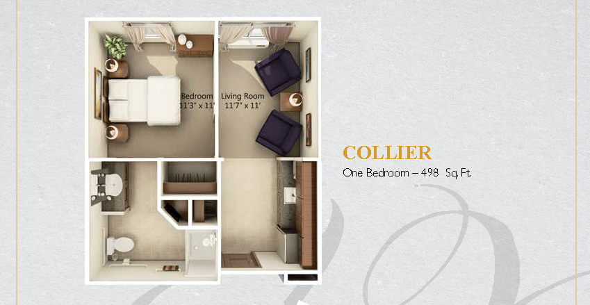 A floor plan of the Collier one-bedroom apartment, measuring 496 square feet.