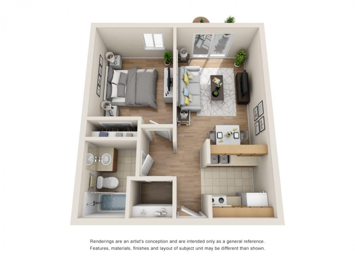 A 3D rendered floor plan showcasing a two-bedroom apartment with a living room, kitchen, and bathroom.